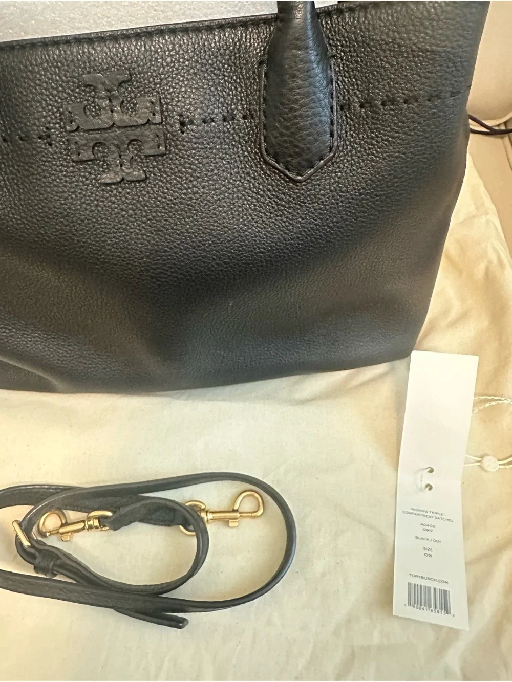 Tory Burch McGraw Triple Compartment Satchel in Black Pebbled Leather